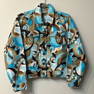 Life Style Geometric Button-Up Jacket Collared Pockets Blue Brown White Women M